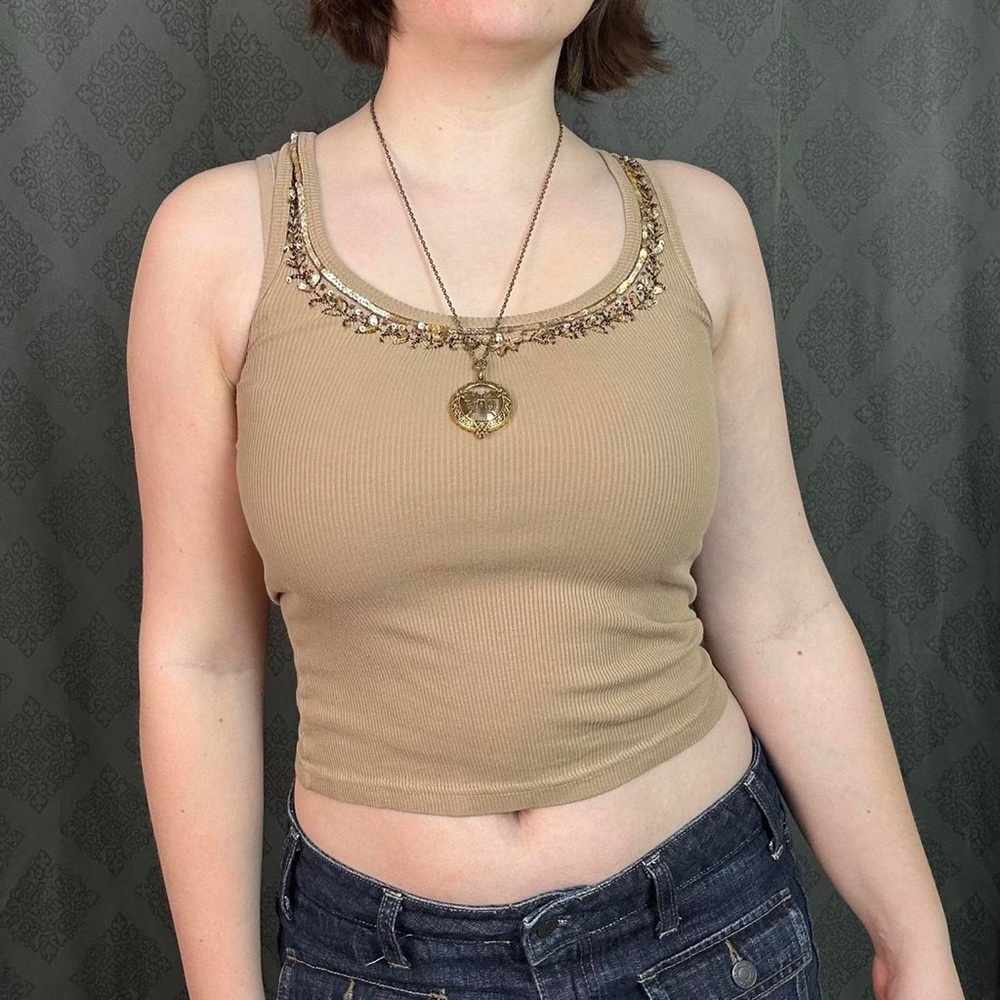 khaki tan beaded tank top